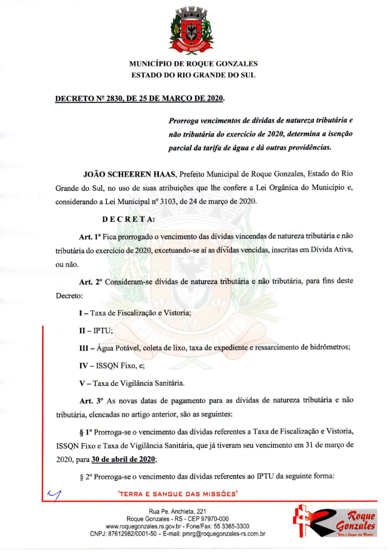 PREFEITO ASSINA DECRETO QUE PRORROGA VENCIMENTOS DE DÍVIDAS DE NATUREZA TRIBUTÁRIA E NÃO TRIBUTARIA DO EXERCÍCIO 2020